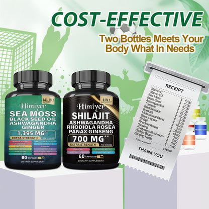 Sea Moss & Shilajit Dynamic Vitality Bundle 6-Pack | 3-Month Supply with Black Seed Oil Ashwagandha Rhodiola Ginseng Turmeric | All-in-1 Adaptogen Supplement for Energy Immunity & Wellness