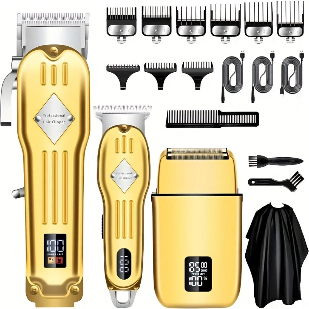 Men's Professional Hair Clipper Combo Set - Foil Shaver, Detail Trimmer, Adjustable Blades - USB Rechargeable, LCD Display, Complete Accessories for Home/Barbershop