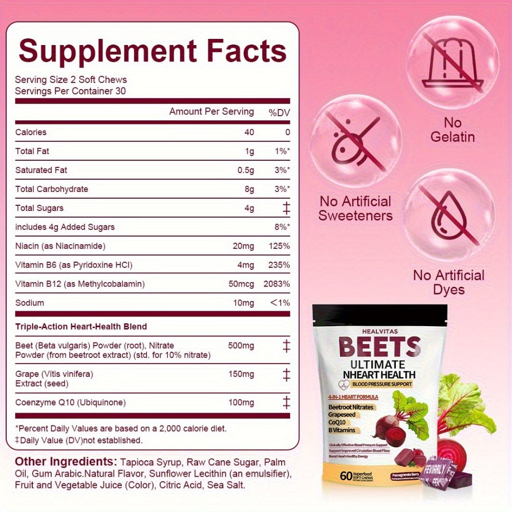 4-in-1 Super Beetroot Beetroot Chewable Gummies Support with CoQ10, Beetroot, Grapeseed, Multivitamins, Blood Pressure & Heart Health, Supplement for Circulation & Blood Flow, 60 Chewable Candies, One Month Supply