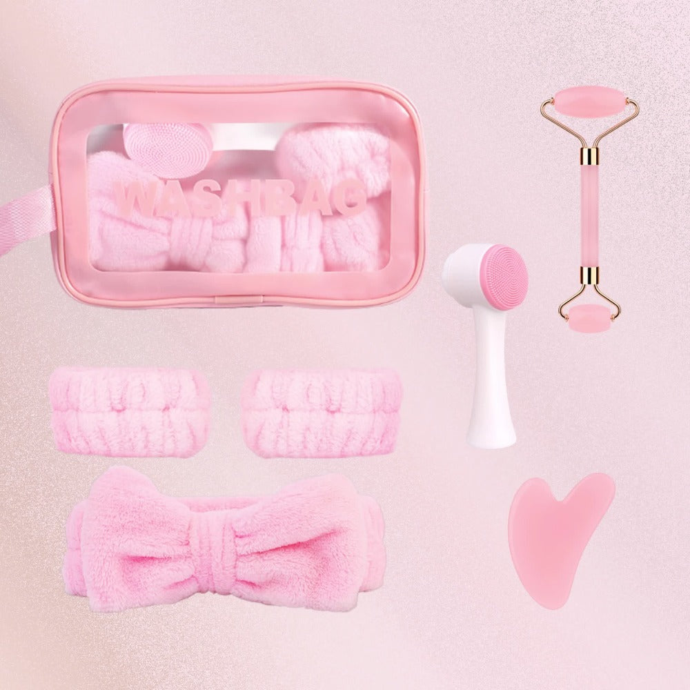 7pcs Facial Cleansing Massage Set, Includes 2 Wristbands + 1 Hair Band, 1 Double-Sided Silicone Face Brush, 1 Double-Headed Roller Massager, 1 Heart-Shaped Facial Scraping Board, 1 Pink Storage Bag, The Best Facial Cleansing And Massage Tool