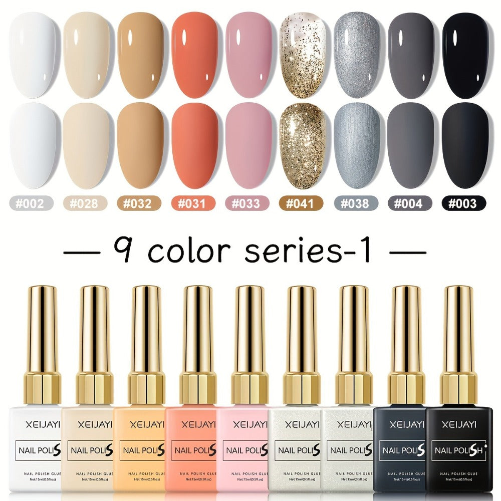 XEIJAYI 9pcs Series Nail Polish Set - LED, Glossy Finish, Alcohol-Free, DIY Manicure Kit for Fall & Winter, Round Bottle Design, Salon-Quality Color Gel, Salon Quality Nail Polish|Glossy Finish Nails| LED Nail Polish, Nail Polish Set