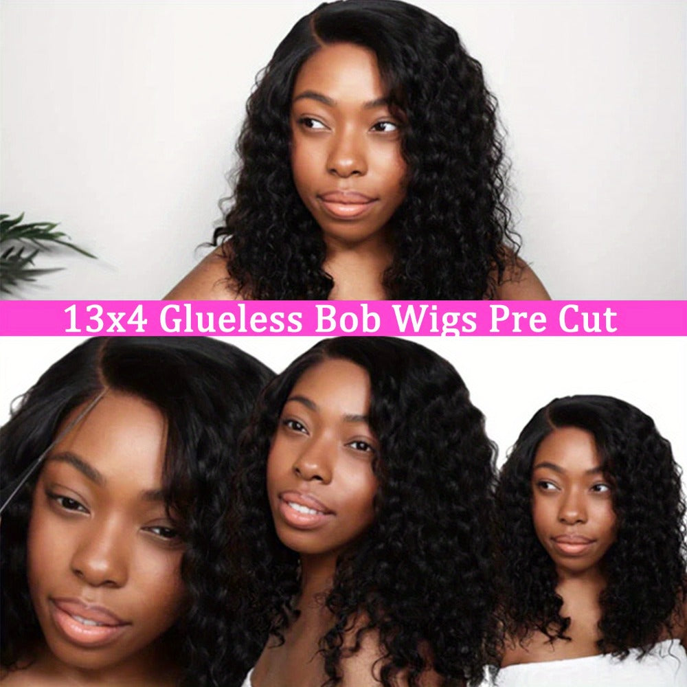 Glueless Bob Wig Human Hair 13x4 Pre Cut Lace Deep Wave Wig 200% Density Wear and Go Pre Plucked Body Wave Lace Front Wig for Black Women