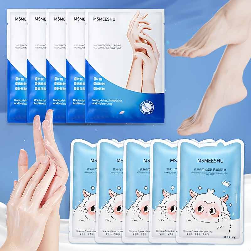 10 Pairs Goat Milk & Niacinamide Moisturizing Foot Masks - Enriched with Ceramides, Hyaluronic Acid, And Allantoin. Exfoliates, Helps Prevent Cracked Skin, Brightens, And Leaves Feet Soft And Smooth. Ideal for Foot Care.