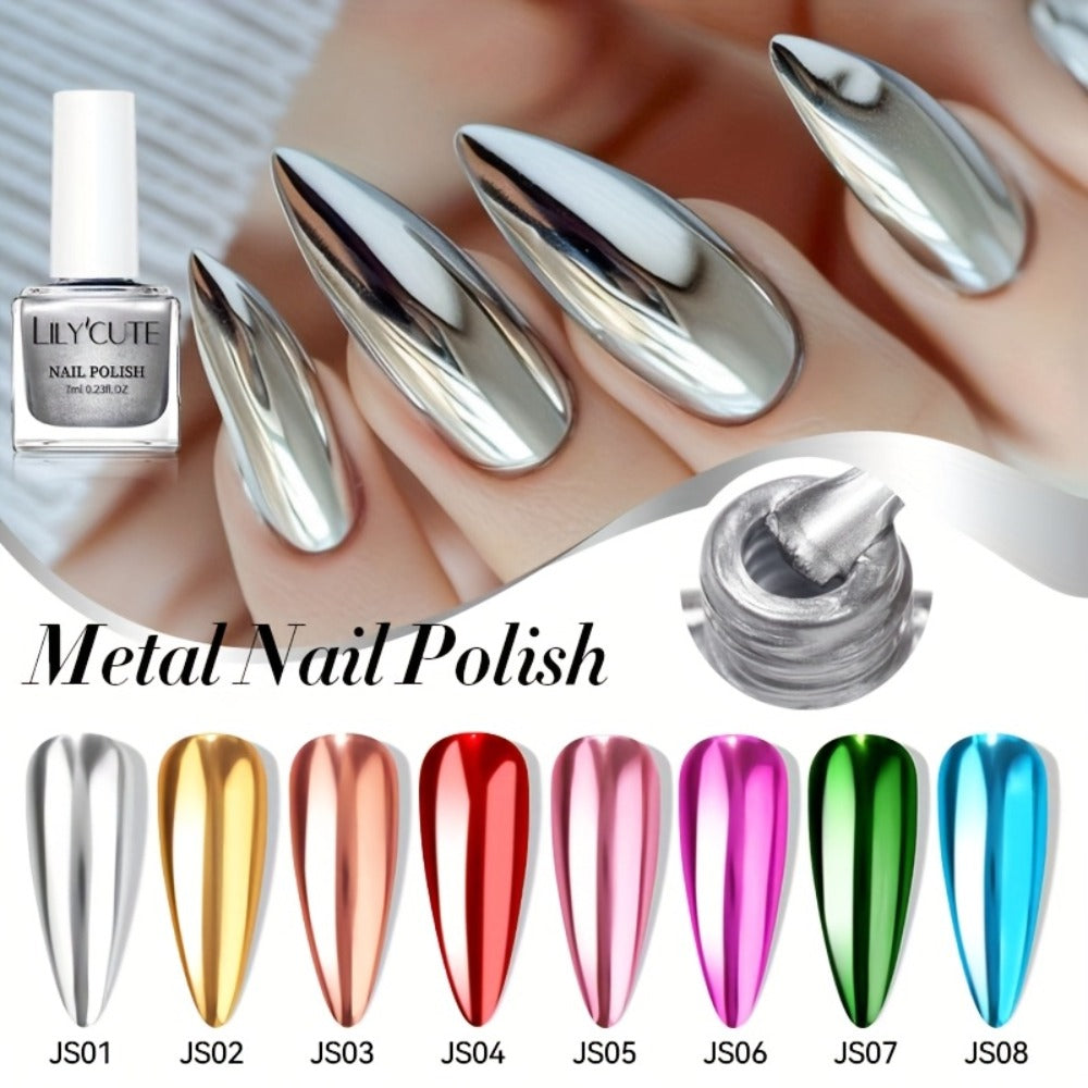 LILYCUTE 0.24oz 8pcs Super Bright Metallic for Nail Polish No Need Lamp Quick Dry French Style Glass Bottle Regular for Nail Polish for Nail Art