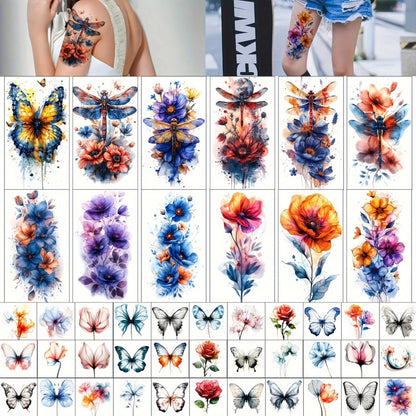 Flower Temporary Tattoos for Women 45 Sheets, 12 Large & 33 Small Realistic Watercolor Floral Fake Tattoo Stickers, Long Lasting Half Arm Body Tattoos Party Supplies Favors