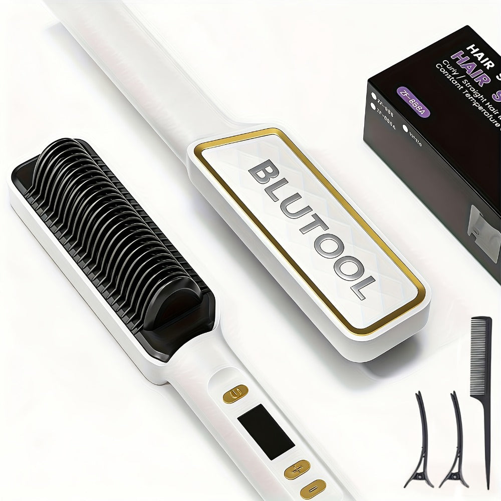 Hair Straightener Brush, 10s Fast Hair Straightener Comb Straightening Brush for Women, LCD Display, 5 Temps Flat Iron Brush, Anti-Scald (Includes Two Extra Clips And One Comb)