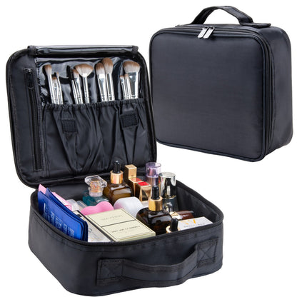 Large Capacity Makeup Bag Women Travel Toiletry Case Durable Fabric Cosmetic Organizer Sturdy Handle Easy Clean Lining for Brushes Lipstick Skincare Beauty Storage Pouch Black 10.24x9.06in