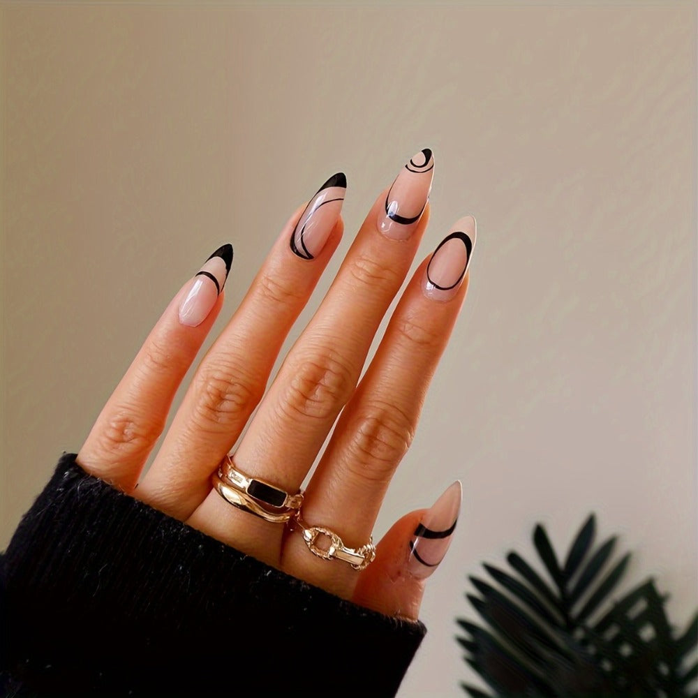 144pcs Pink Press On Nails Short Almond - Flower Small Flowers Fake Nails Rhinestone Press Ons Black French Nail Tip Glue On Nails with Cute Design Full Cover False Nails Stick On Nail Acrylic Nail Art Kit