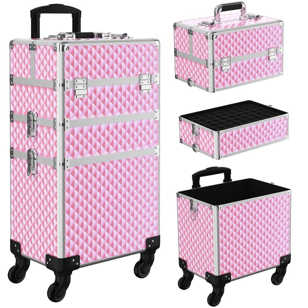 Rolling Makeup Train Case with Makeup Sponges Set, Large Storage Cosmetic Trolley 3in 1 Large Capacity Trolley Makeup Travel Case with Key Swivel Wheels Salon Barber Case Traveling Cart Trunk