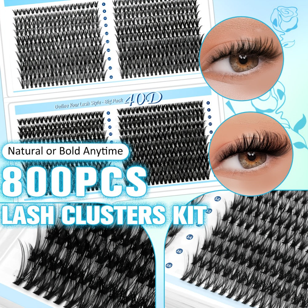 Glue/800pcs Wispy Lash Clusters Set 30D 40D Mixed Length 8-16Mm, Eyelash Extension Kit with 2-In-1 Bond & Seal Glue And Lash Tweezers, Long-Lasting Natural Fluffy Packaging Random Lashes for Everyday Wear, Travel & Events