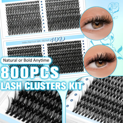 Wispy Lash Clusters Kit 800 Pcs — 30D 40D Mixed Length 8-16mm Eyelash Extension Set with 2-in-1 Bond & Seal Glue and Tweezers, Fluffy Natural Long-Lasting DIY Cluster Lashes for Everyday Wear & Events