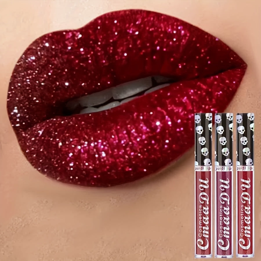 3pcs Skull Shimmering Lip Gloss Long-Lasting Easy to Remove Makeup, Liquid Lipstick Suitable for Music Festivals, Perfect Valentine's Day Gift, Ideal Gift for Women