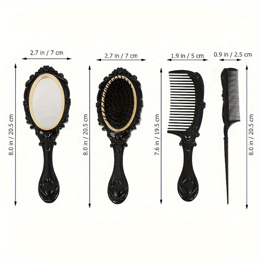 Black Mirror Comb Set, Scalp Massage Hairbrush with Mirror, Retro Hair Comb, Makeup Hair Comb
