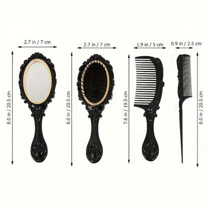 Hair Comb Set with Mirror Scalp Massage Hairbrush Retro Pocket Mirror Comb Makeup Vanity Brush Set for Women Girls Travel Daily Grooming Black