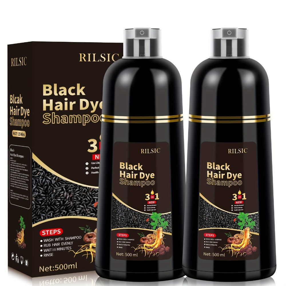 Herbal Hair Dye Shampoo 3-in-1 with Plant Squalene — 2pcs 16.91oz Instant Gray Hair Coverage, Natural Color in Minutes, Unisex, Brown, Dark Brown & Black