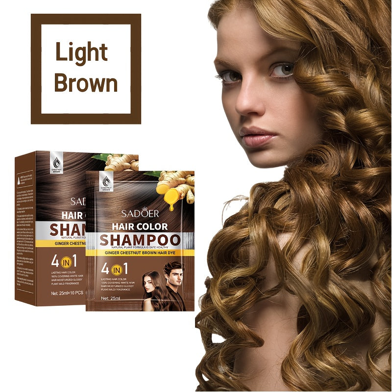 1 Box of 10 Packs of Portable Individual Packaging, Black/Brown/Chestnut Shampoo - Shampoo, 3-In-1 Hair Color Shampoo Natural Hair Dye Deep Cleansing Shampoo for Women And Men