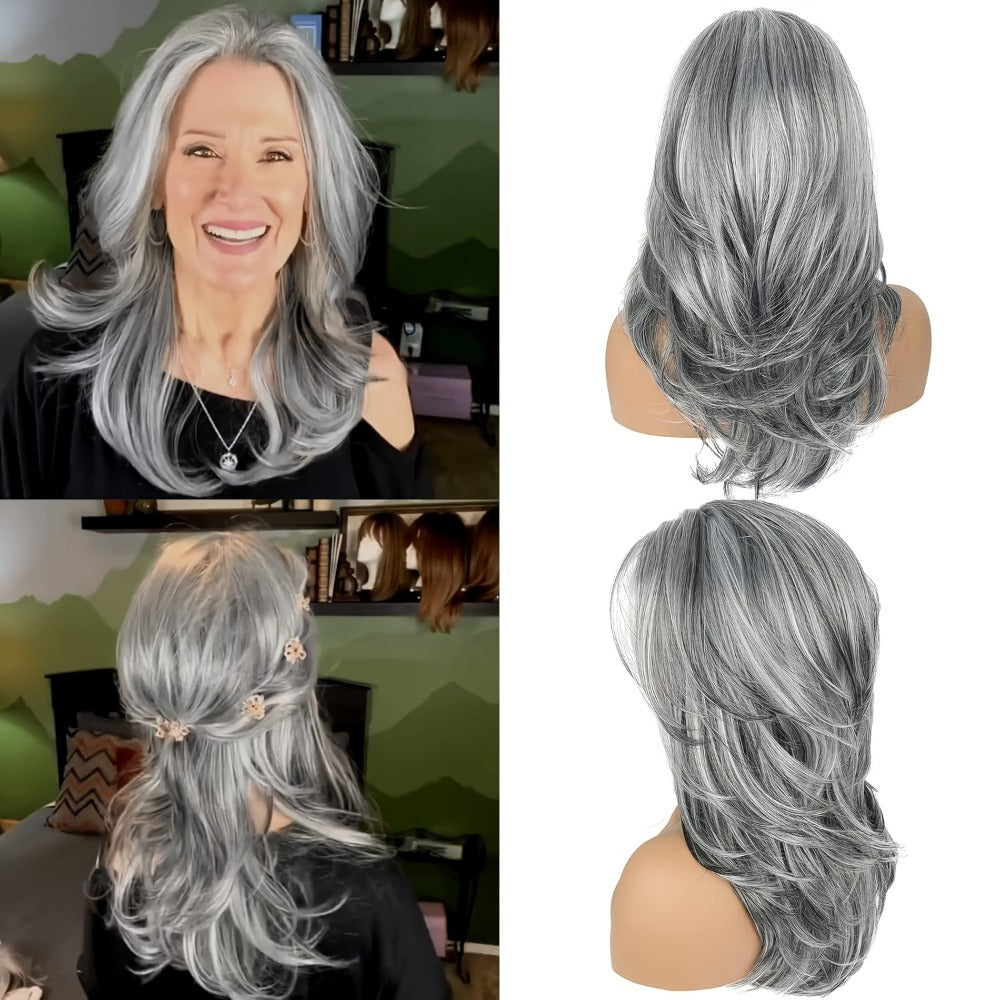 Grey Wig for Women Long Layered Silvery Wavy Synthetic Wig with Highlights 18 Inch Rose Net Cap Beginner Friendly Natural Look Daily Wear Party Cosplay