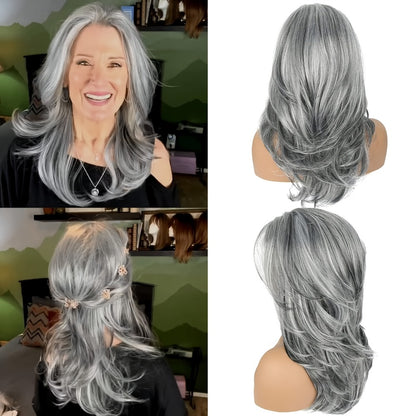 Grey Wig for Women Long Layered Silvery Wavy Synthetic Wig with Highlights 18 Inch Rose Net Cap Beginner Friendly Natural Look Daily Wear Party Cosplay