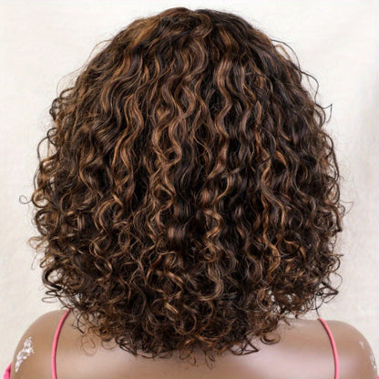 Human Hair Bob Wig Curly Water Wave Glueless Short Wig with Bangs 150% Density Ombre Brown Auburn 12 Inch Beginner Friendly Natural Hairline Daily Wear