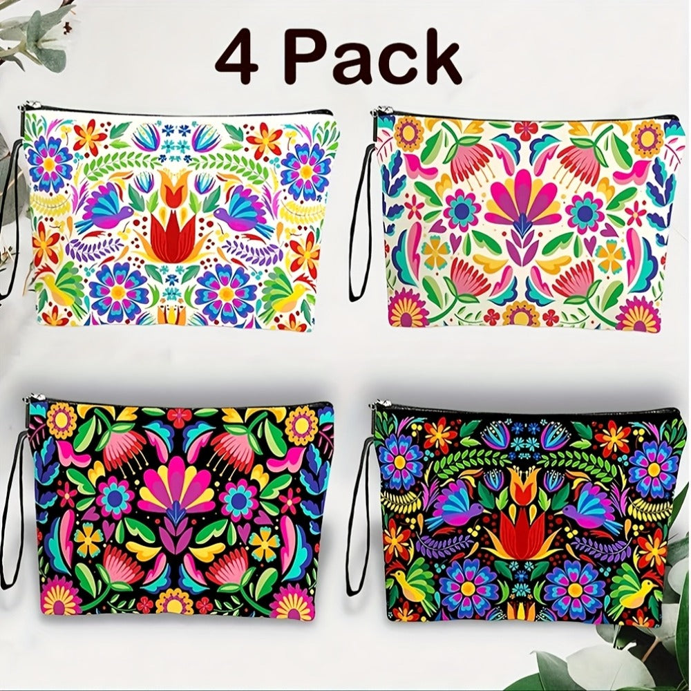 4pcs Vibrant Mexican Botanical Floral Makeup Bags for Women & Men - Large Capacity High Quality Cosmetic Organizers with Durable Zipper, Travel Toiletry Pouches for Vacation, Business, Outdoor - Perfect Birthday & Mother’s Day Gifts