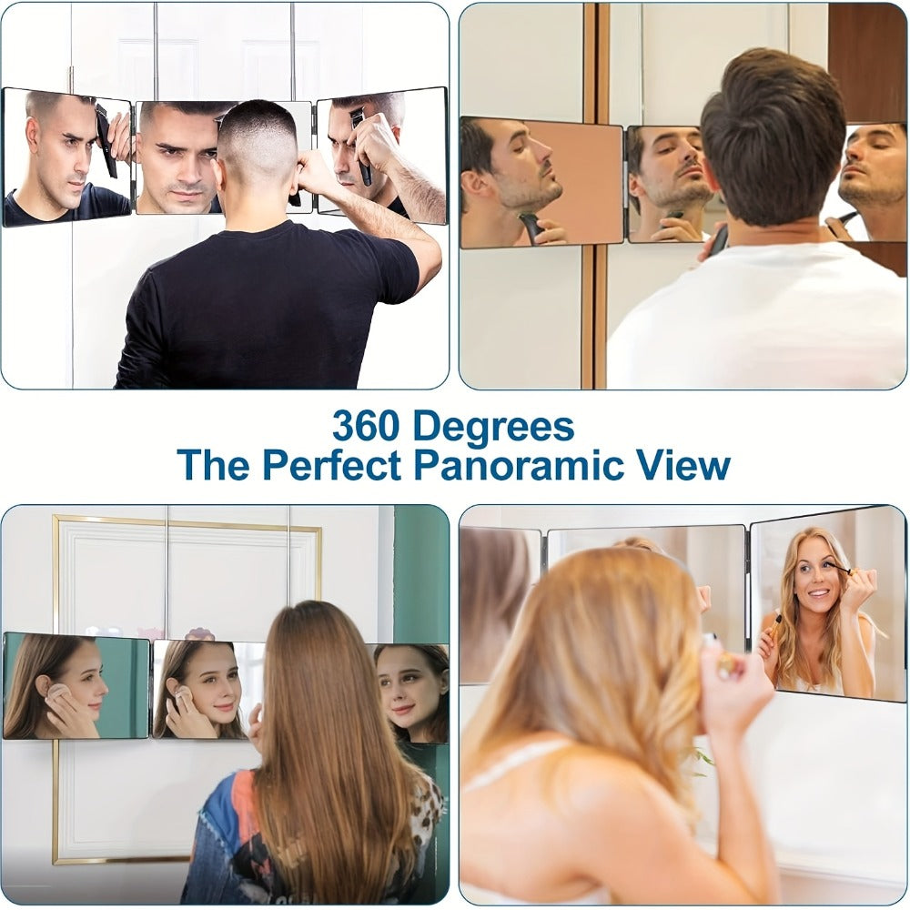BANBERS Folding Three-Sided Mirror, Three-Way Mirror for Haircutting, with Height-Adjustable Telescopic Hook, Two Fixing Nails, 360° Viewing Angle, Clear Anti-Fog HD Glass. The Three-Way Mirror Can Be Used for Shaving, Makeup, Hairstyling, and Hair