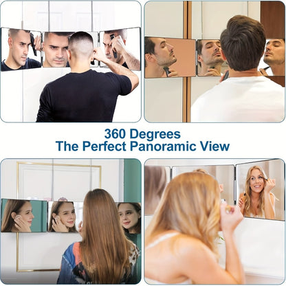 Three-Way Mirror for Haircutting 360° View, Folding Three-Sided Mirror with Height-Adjustable Telescopic Hook, Anti-Fog HD Glass, for Self Hair Cutting Shaving Makeup Hairstyling at Home