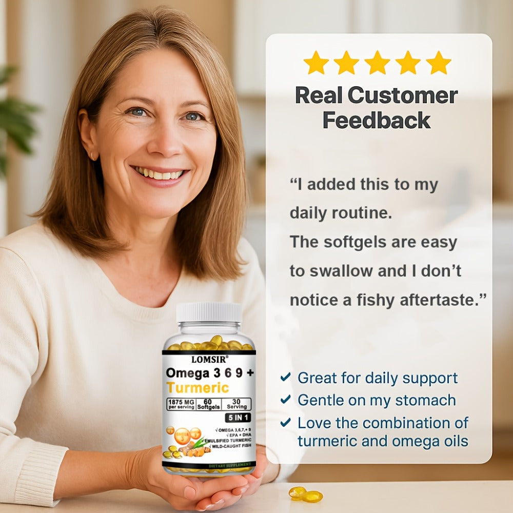 LOMSIR Omega 3-6-9 + Turmeric Softgels (DHA & EPA) - Wild Fish Oil Blend, Emulsified Turmeric, 60 Softgels, Daily Balance, Easy-to-Take