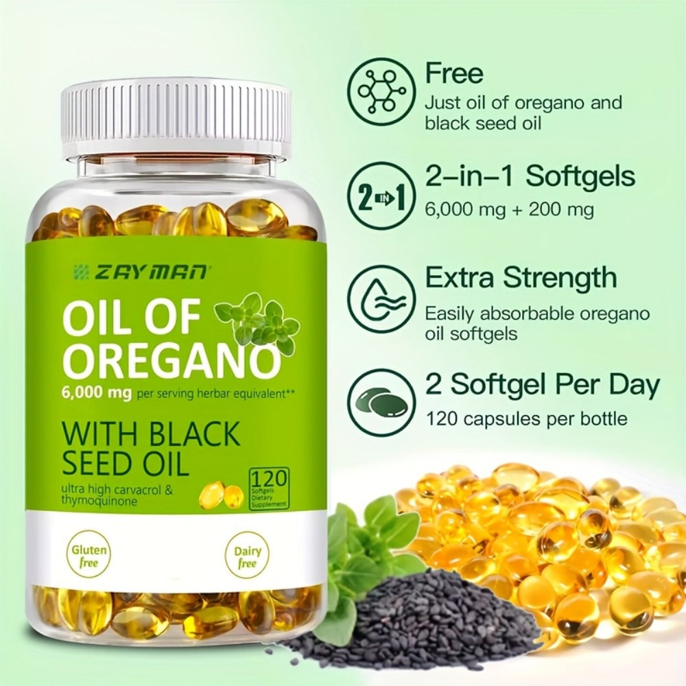 1-3P Bottle of Oregano Oil Softgels - Wild Oregano Oil 6000, Black Seed Oil 200 Capsules, 120 Capsules, Containing Carvacrol And Thymol, Dairy-Free, Gluten-Free