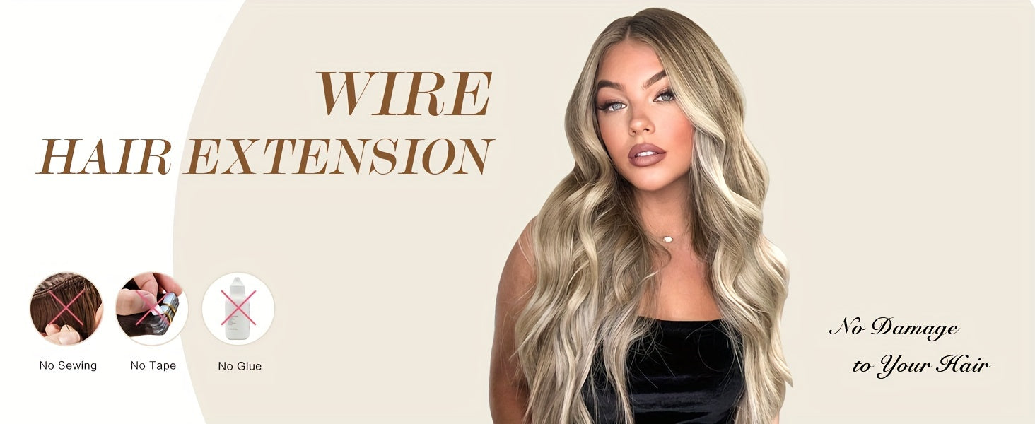 FESHFEN 18 Inch Brown Mixed Ash Blonde Invisible Wire Hair Extensions with Clear Wire Synthetic Long Wavy Wigs for Women Halloween Party And Christmas Use