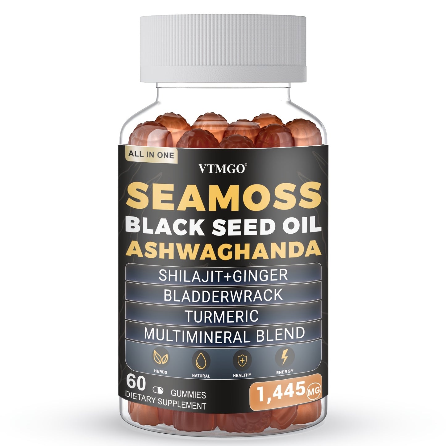Sea Moss Gummies 1445mg with Shilajit Black Seed Oil Ashwagandha Elderberry Chlorophyll Turmeric Bladderwrack & Ginger | 8-in-1 Antioxidant Superfood Supplement for Immunity Energy & Wellness | 60 Gummies