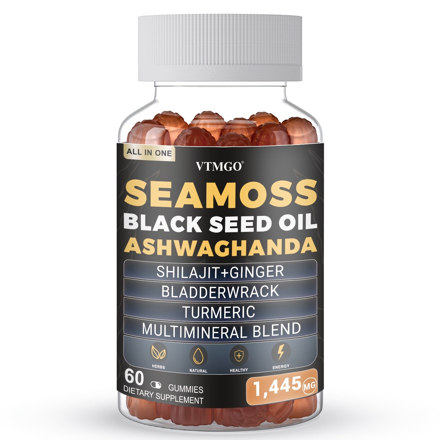 (1/2/3 Bottles)-Sea Moss&Shilajit, Black Seed Oil, Ashwagandha, Ginger, Gummies With Elderberry, Chlorophyll, Turmeric, Bladderwrack 1445Mg, Health, Natural, Antioxidant, Happiness, . 60 Gummies