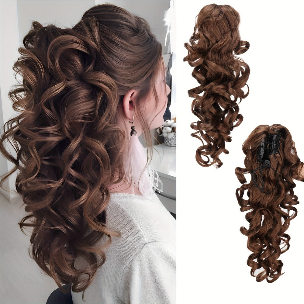 Ponytail Extension Curly Wave Claw Clip Synthetic Heat Resistant Hairpiece - Gradient Color Scroll Curls for Women Daily Wear Special Occasions 16 Inch