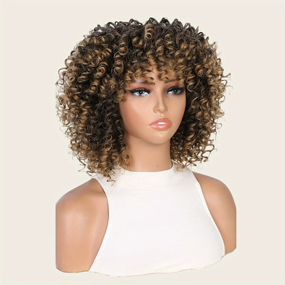 Afro Kinky Curly Wig for Black Women — Short Synthetic Wig with Bangs, 180% High Density, Natural Fluffy Curls, Stretch Cap, Daily Wear & Party, Fits All Head Sizes