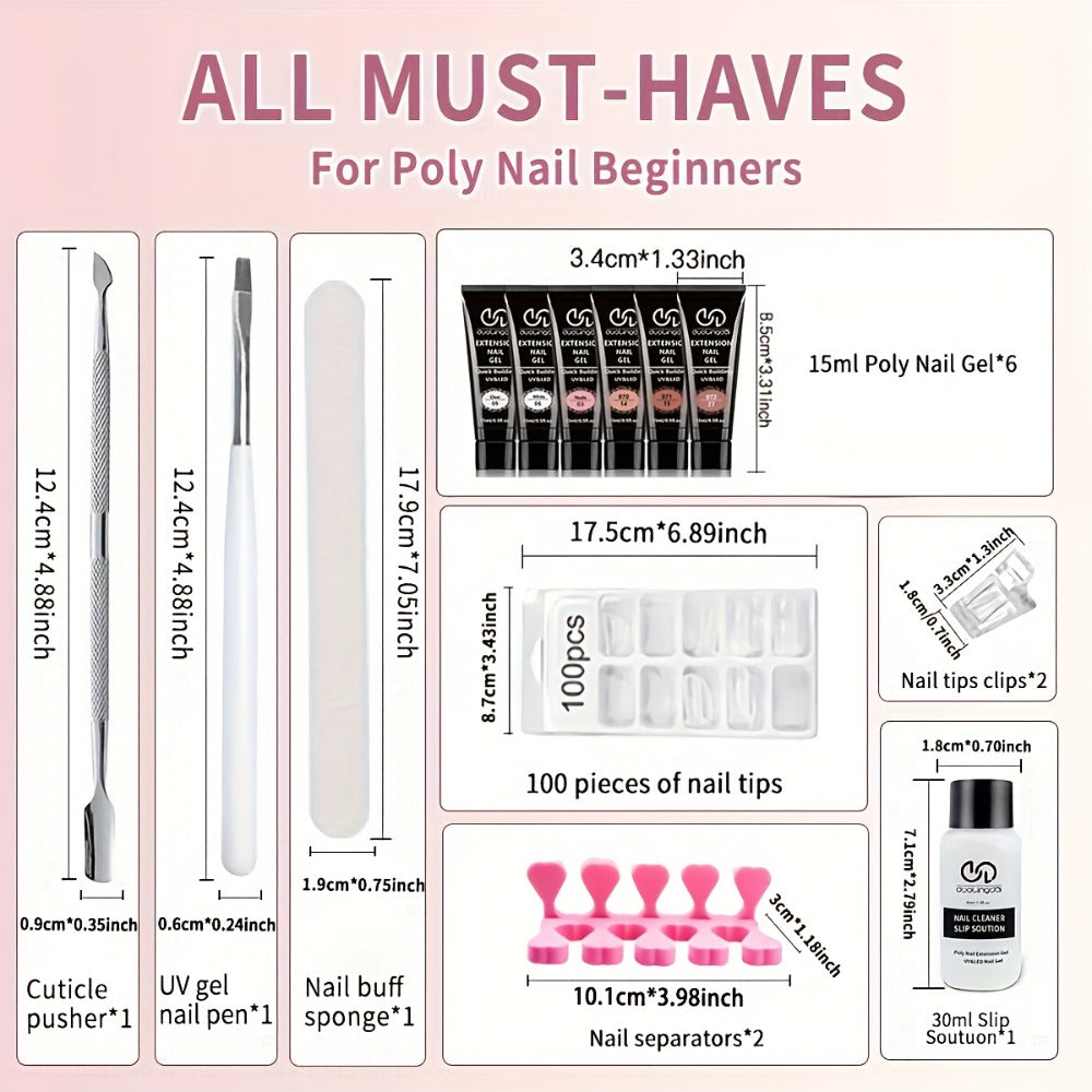 All-in-One Poly Nail Gel Kit: 6 Colors (Clear, Pink, White) Hard Builder Gel for Nail Extensions & Thickening - Long-Lasting Salon & Home Use Nail Strengthening System, French Manicure Solution for, brittle, thin Nails