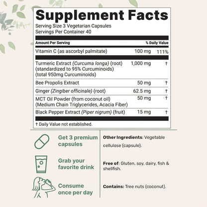 Turmeric Curcumin 95% Curcuminoids with Black Pepper & MCT Oil – Maximum Absorption, Zero Fillers, Anti-Inflammatory Joint & Immune Support for Women & Men, 120 Plant-Based Capsules