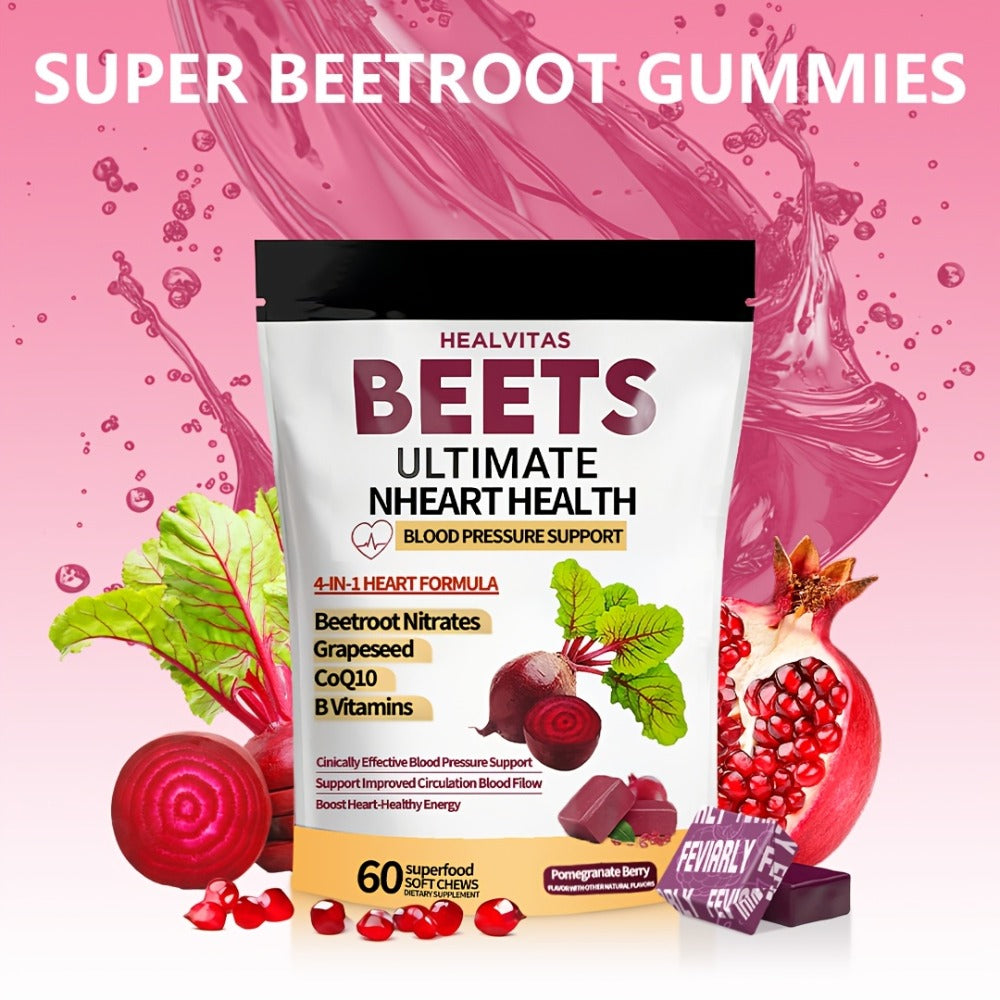 Super Beetroot Chewable Gummies Contains CoQ10, Beetroot Powder, Grape Seed Extract, Multivitamins, Supports Healthy Blood Pressure, Heart Health, Circulation & Blood Flow, 60/120 Soft Chewable Gummies