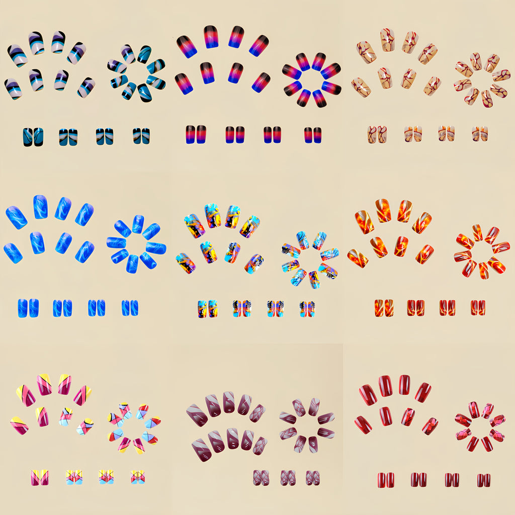 216pcs Press-On Nail Set - Medium Square, Glossy Finish with Striped & Gradient Designs in Brown, Blue, Purple - Reusable Fake Nails for Chic Manicure Mix and Match