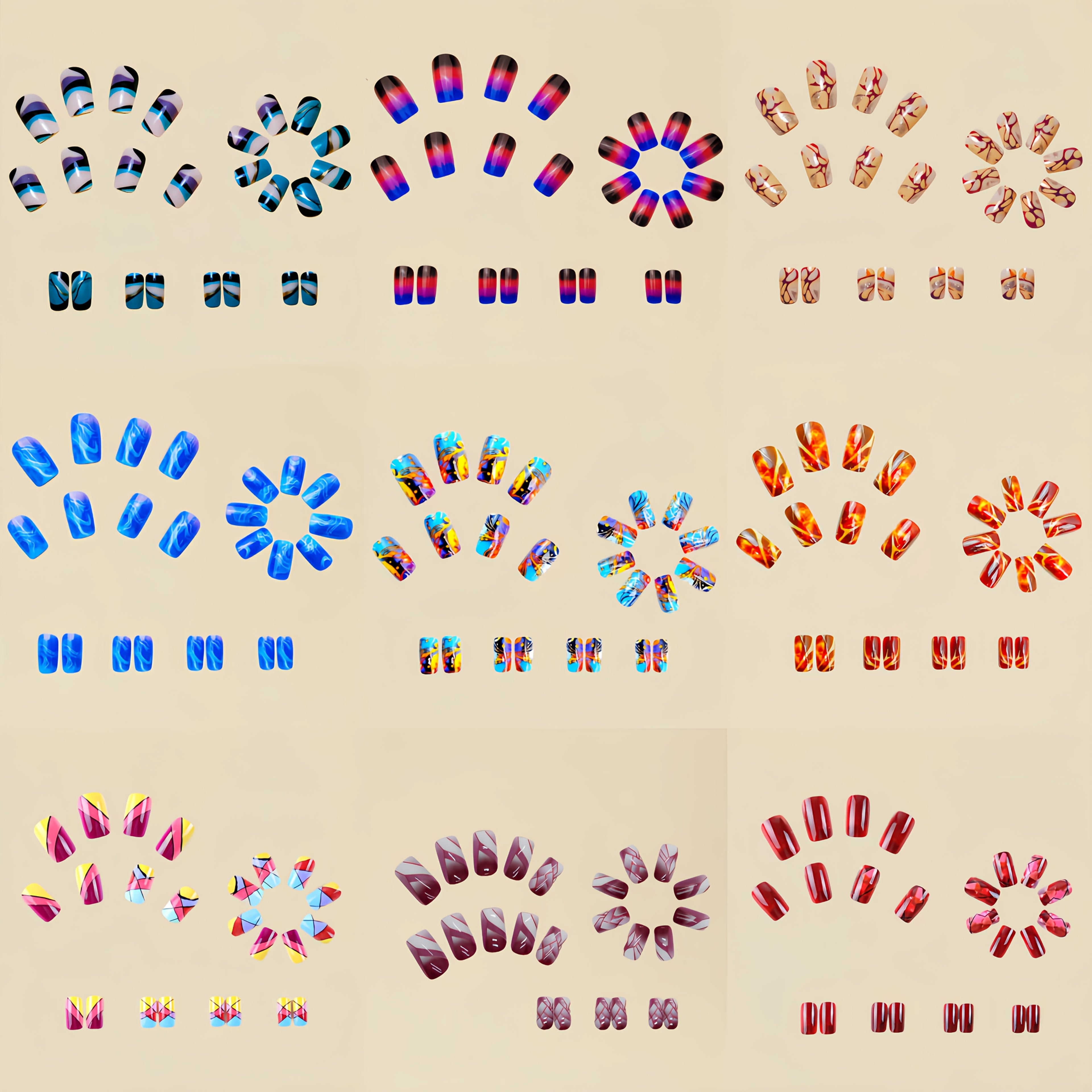216pcs Press-On Nail Set - Medium Square, Glossy Finish with Striped & Gradient Designs in Brown, Blue, Purple - Reusable Fake Nails for Chic Manicure Mix and Match