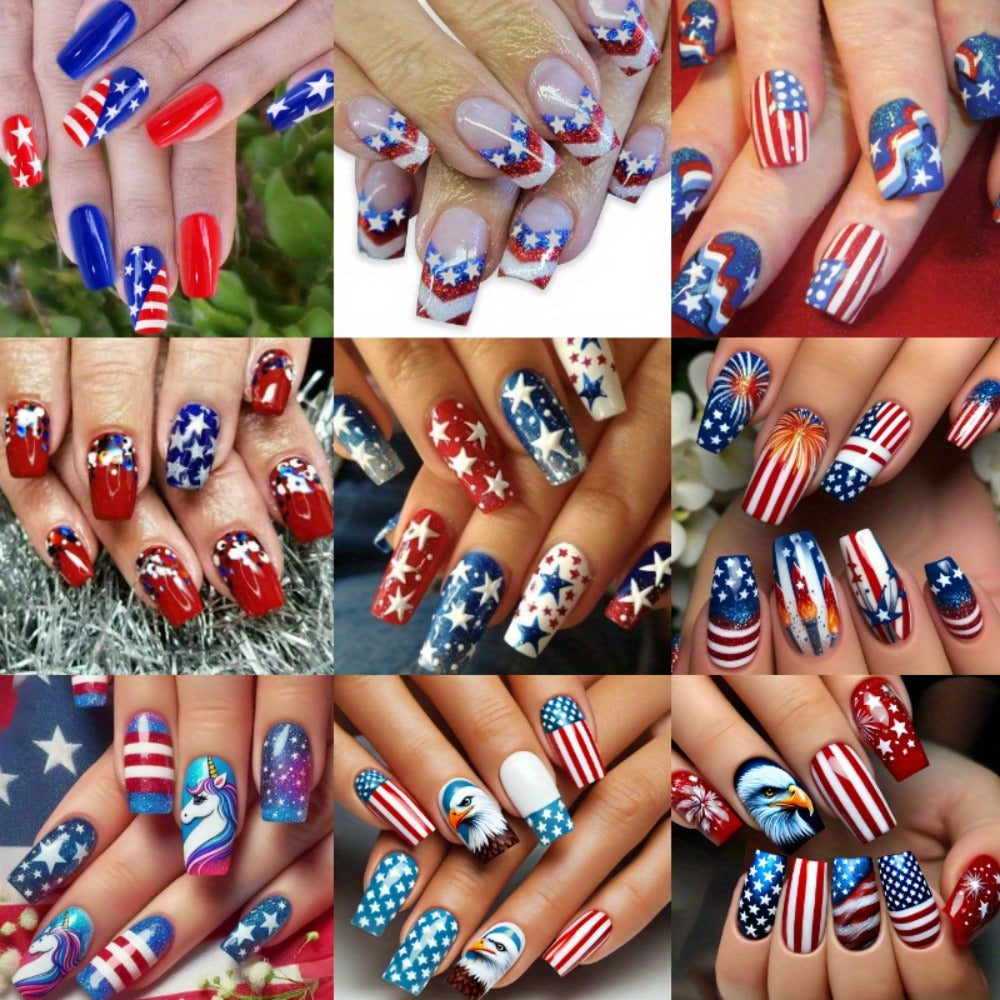 216pcs 4th of July Press On Nails - Red White Blue Stars Stripes Medium Coffin Acrylic Fake Nails, Full Cover Glossy Finish for Women, Patriotic Manicure Nail Art (9pcs), Festive Nail Designs, Festive Patterns, Striking Design Variety