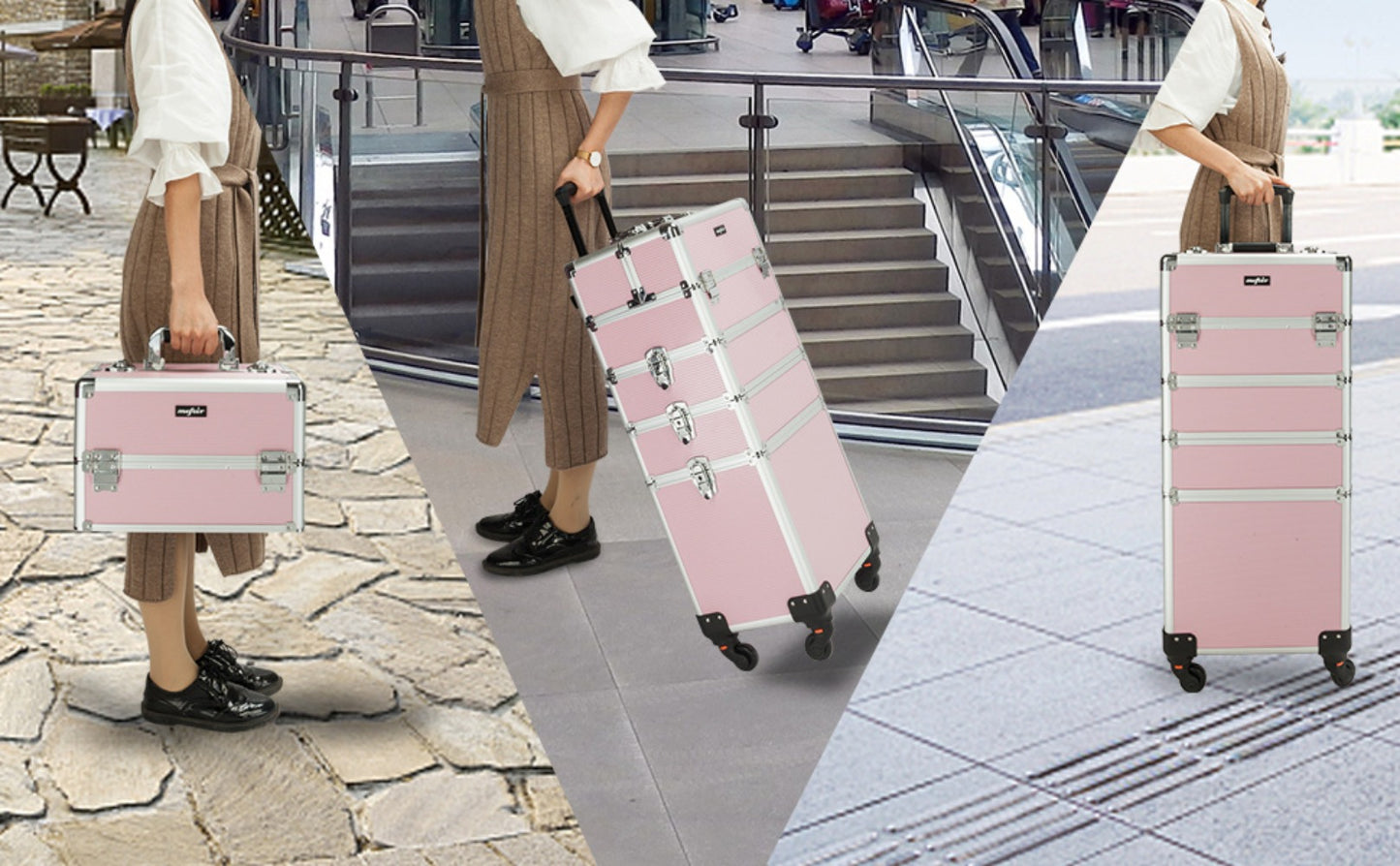 Rolling Makeup Train Case 4-in-1 Aluminum Lockable 4 Removable Wheels Collapsible Trays DIY Compartments Telescopic Rod Cosmetic Organizer Trolley for Makeup Artists Salon Travel Black Pink Rhinestone