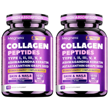 Collagen Capsules Type I II III V X with Vitamin C, Hyaluronic Acid & Biotin - Skin Hydration, Elasticity, Hair & Nail Support Supplement for Men & Women - 3rd Party Tested, 90 Capsules