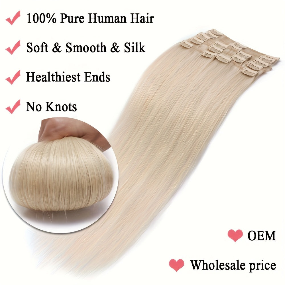 Set of 8 Human Hair Clip-In Extensions, Straight Remy Hair in Highlighted Blonde, Perfect for a Full Head Look for Women