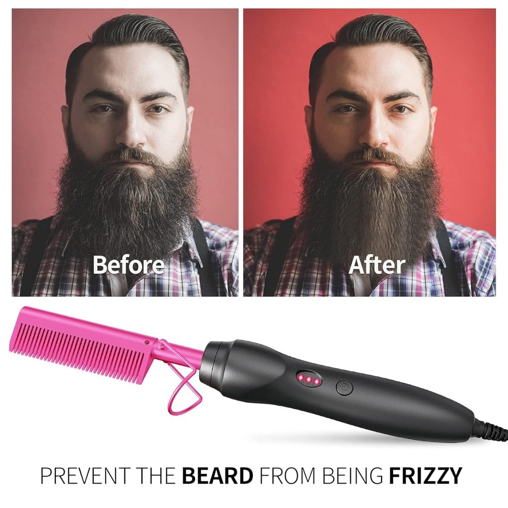 Hot Comb Hair Straightener, Electric Comb, Portable Travel Anti-Burn Beard Straightener Press Comb Ceramic Curler Flat Curler
