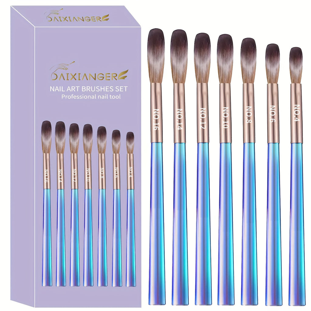 Aurora Blue Nail Art Brush Set, 7pcs Acrylic Nail Design Painting and Sculpting Tools, Professional Nail Art Pens for Decoration and Embellishment, Formaldehyde-Free