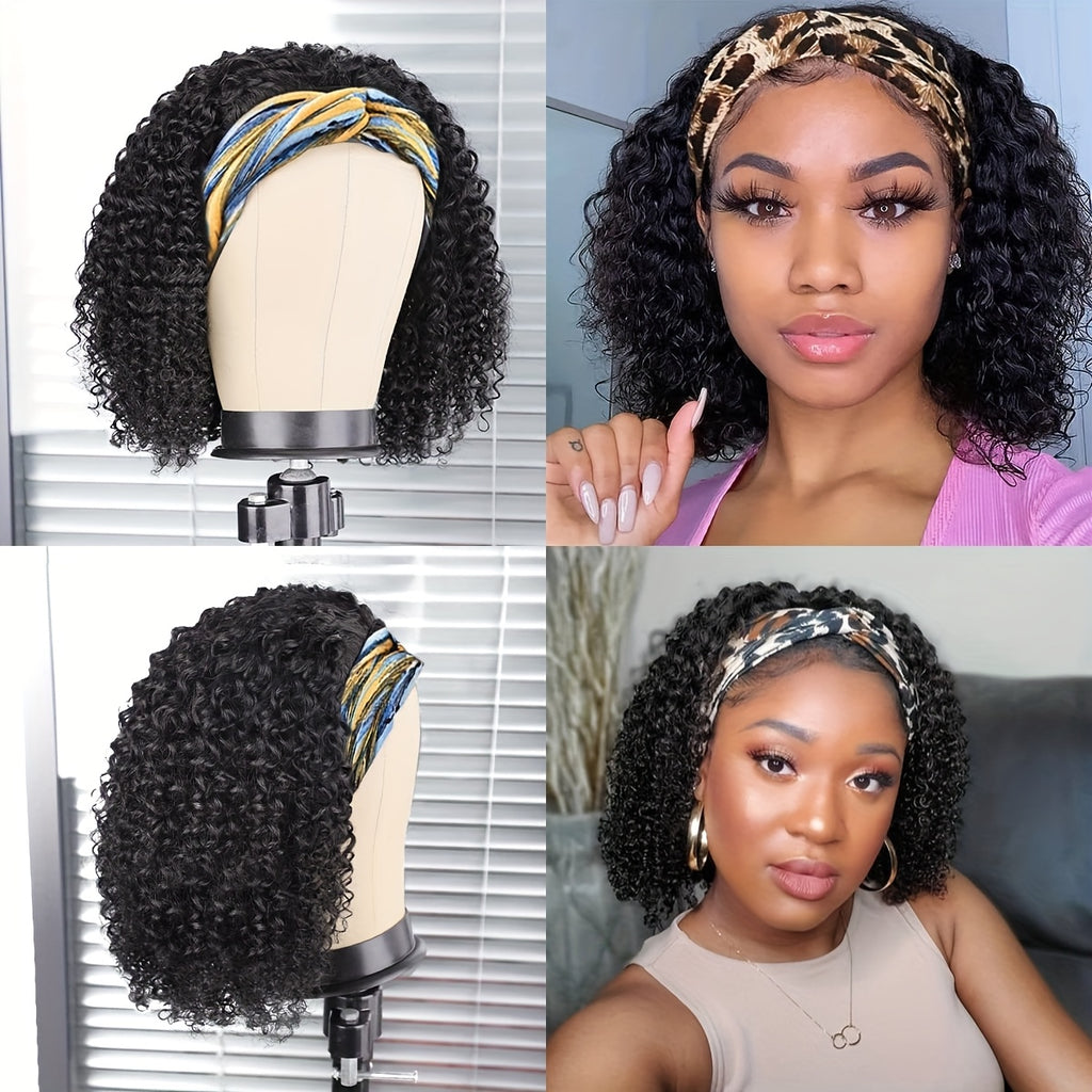 Headband Wig, Human Wig, for Woman, Pixie Cut Wig, No Glue Wig, Short Curly Hair Headband Wig, Density, Natural Black, Beginners Friendly