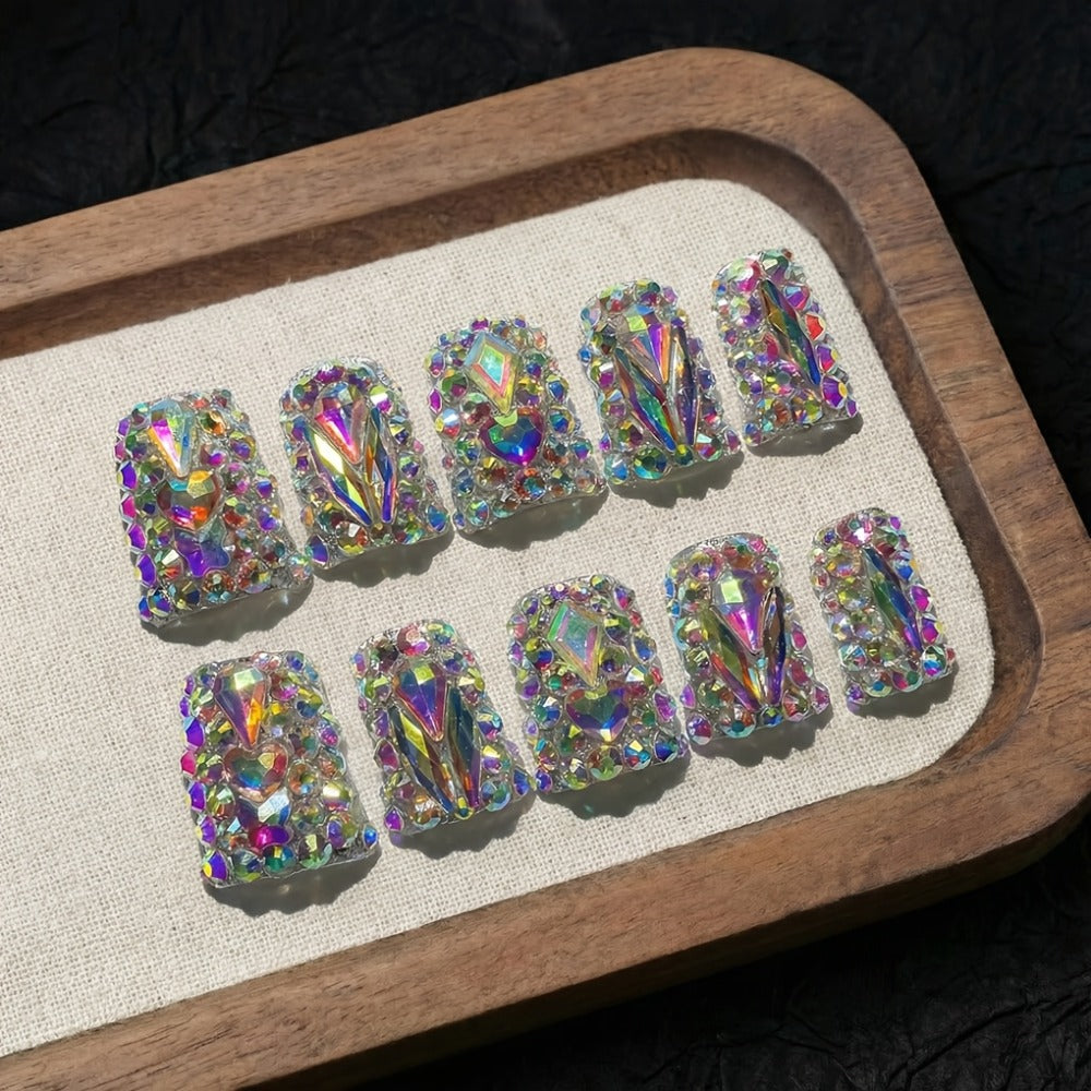 Short Duckbill Press On Nails 10pcs Lonnailssy Handmade AB Crystal Colorful Diamond Glossy Reusable Salon Quality Non-Toxic Spring Summer Nail Art Set with Adhesive Gel Tabs S M L Sizes