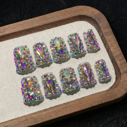 Short Duckbill Press On Nails 10pcs Lonnailssy Handmade AB Crystal Colorful Diamond Glossy Reusable Salon Quality Non-Toxic Spring Summer Nail Art Set with Adhesive Gel Tabs S M L Sizes