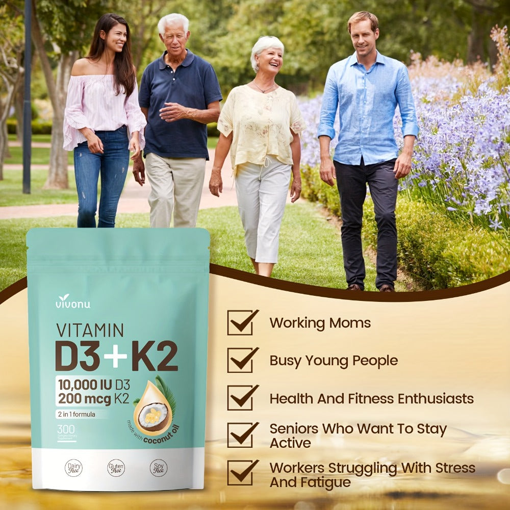 [2-In-1 Vitamin D & K] Vitamin D3 And K2 Coconut Oil Softgels, 2-In-1 Vitamin D And K, Premium Formula, Creates A Safe Environment, 300 Softgels, Easy To Swallow
