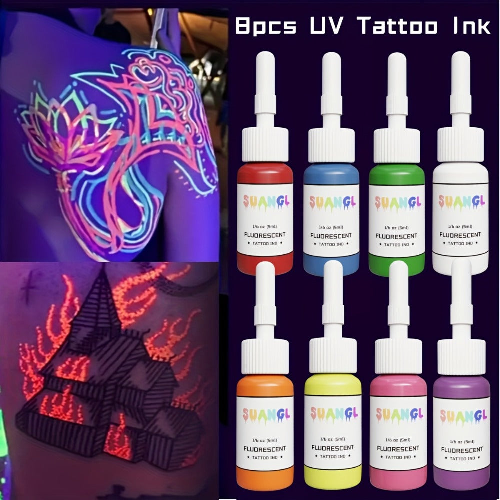 5 Milliliters (1/6 Ounce) Glow Tattoo Ink Suitable for /Blacklight Body Art - 8 Colors Fluorescent Tattoo Dye for Light Reactions, Professional & Use, Glow Parties, Tattoo Supplies