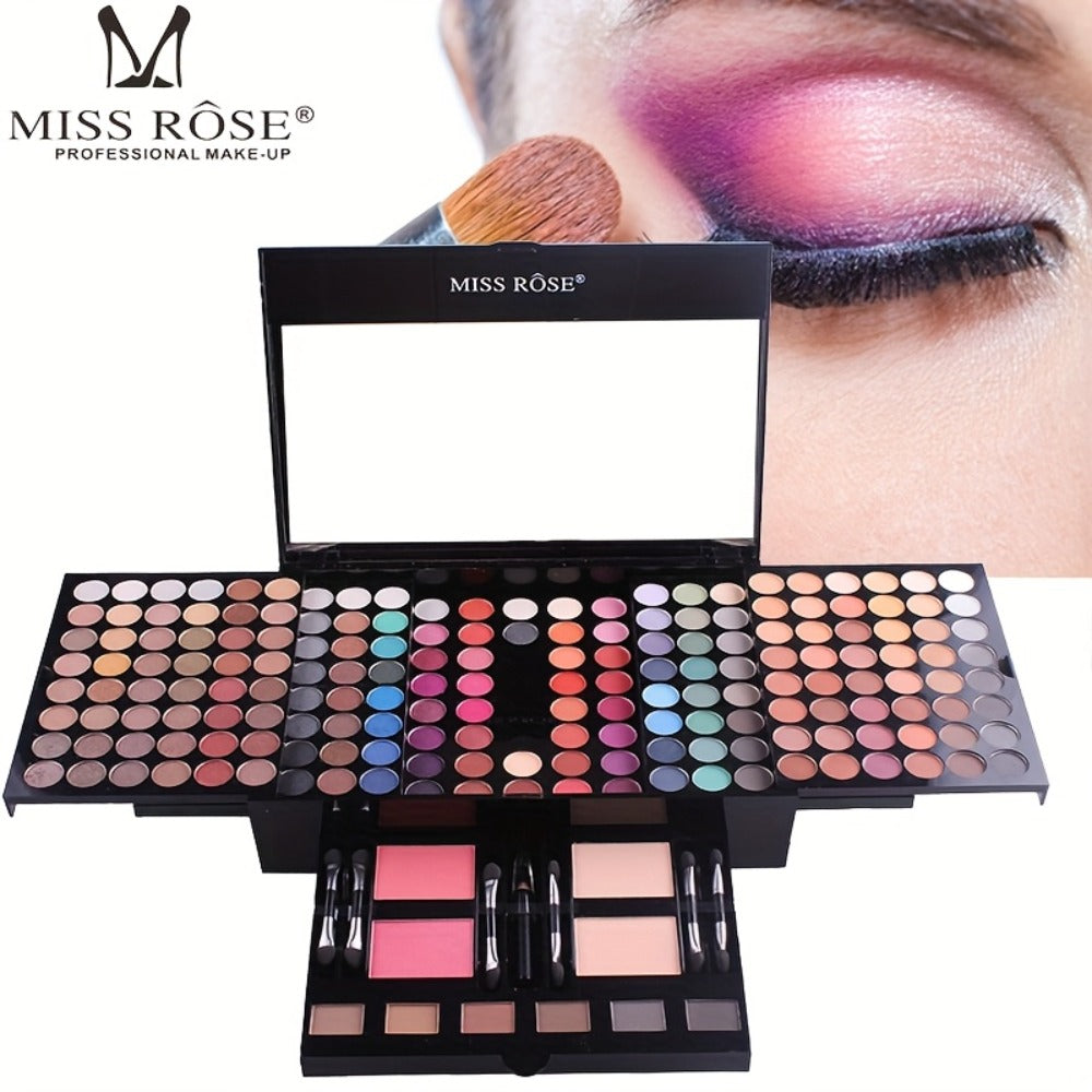 Makeup Palette Kit 190 Colors by MISS ROSE – 4-in-1 Full Face Set with Eyeshadow, Blush, Powder & Eyebrow, 8 Brushes & Mirror, Professional Makeup Kit for Women, Girls & Beginners